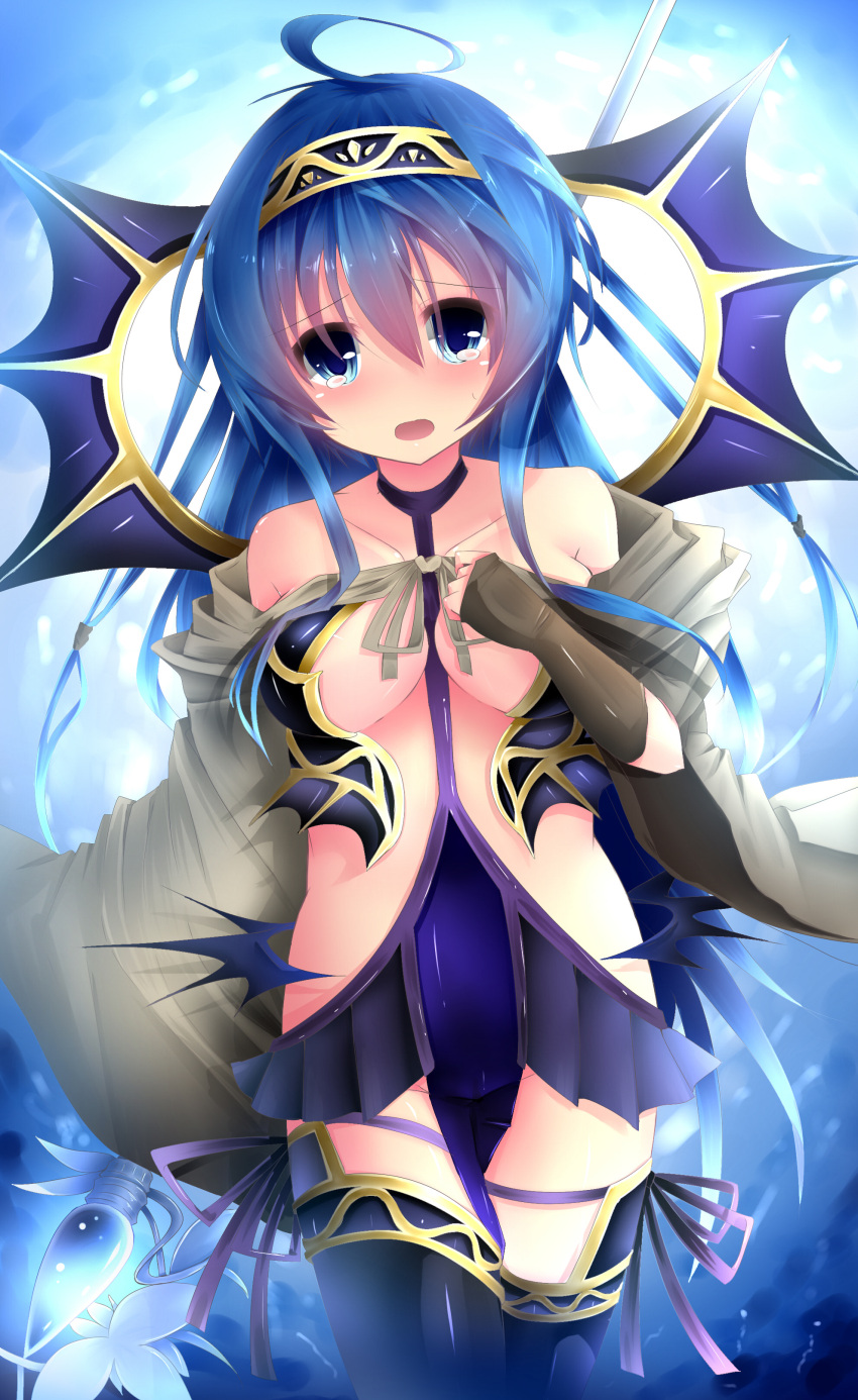 1girl, :o, absurdres, ahoge, arm_behind_back, bare_shoulders, blue_eyes, blue_hair