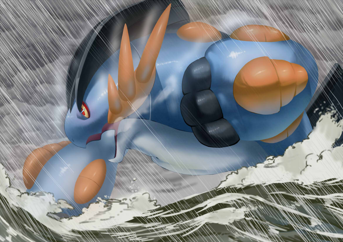clouds, cloudy_sky, commentary_request, mega_pokemon, mega_swampert, no_humans, open_mouth, pokemon