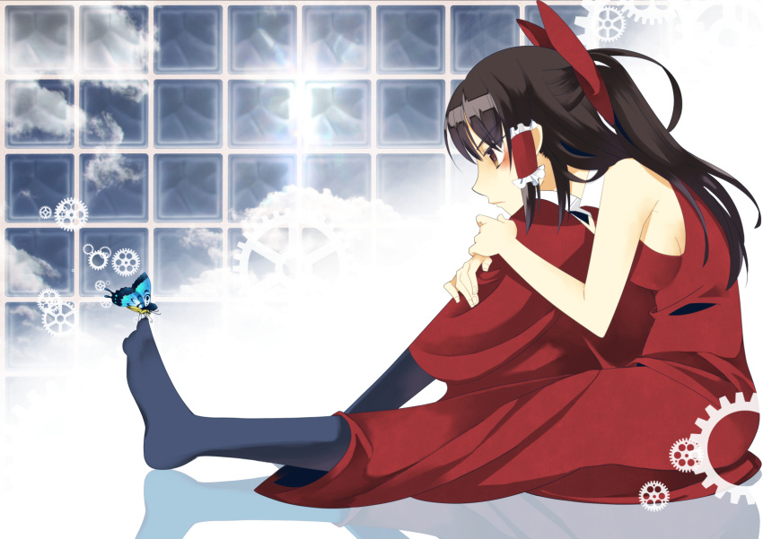 1girl, black_legwear, bow, breasts, brown_eyes, brown_hair, butterfly, compa_kuki, dress, hair_bow, hair_tubes, hakurei_reimu, highres, large_bow, long_hair, no_bra, ponytail, sideboob, sitting, sleeveless, sleeveless_dress, socks, solo, touhou