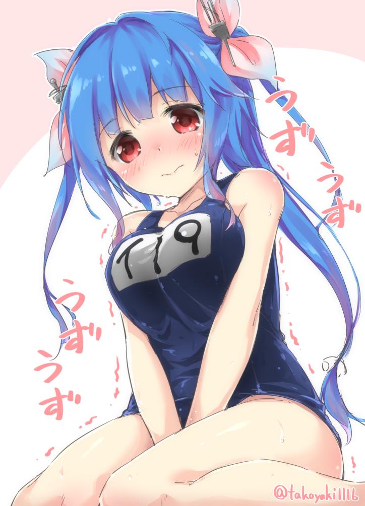 1girl, blue_hair, blush, breasts, hair_ornament, hair_ribbon, i-19_(kantai_collection), kantai_collection