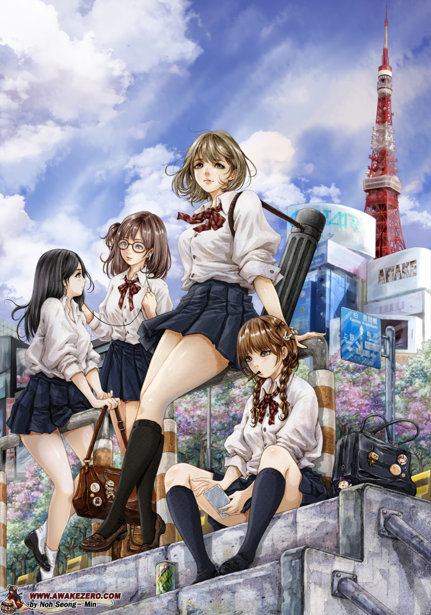 4girls, badge, bag, black_hair, blue_eyes, braid, brown_eyes, brown_hair