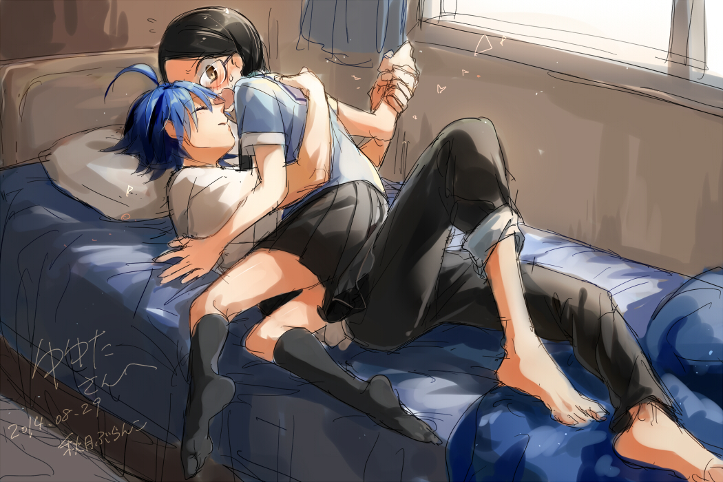 1boy, 1girl, ahoge, akizuki_buranko, bed, black_hair, blue_hair, blush
