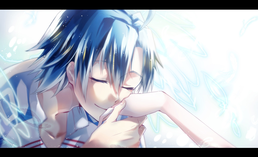 1boy, 1girl, blue_hair, closed_eyes, hand_kiss, highres, kiss, manami_sangaku