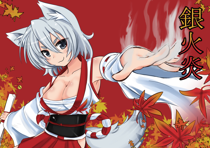1girl, :3, absurdres, animal_ears, autumn_leaves, bare_shoulders, bell, breasts