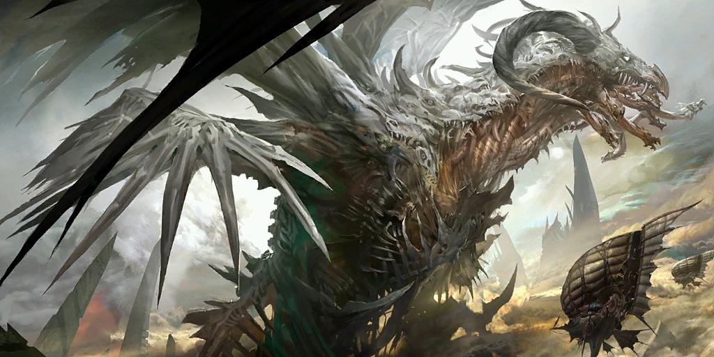 airship, concept_art, dragon, fantasy, guild_wars, hydra, kekai_kotaki, size_difference, zhaitan