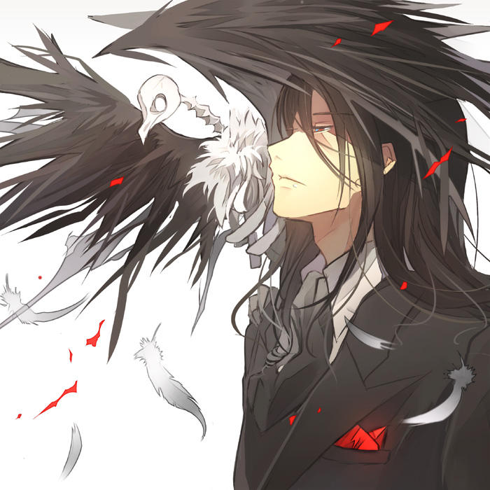 arikado_genya, black_hair, black_suit, brown_eyes, castlevania, feathers, formal, kariya_(mizore)