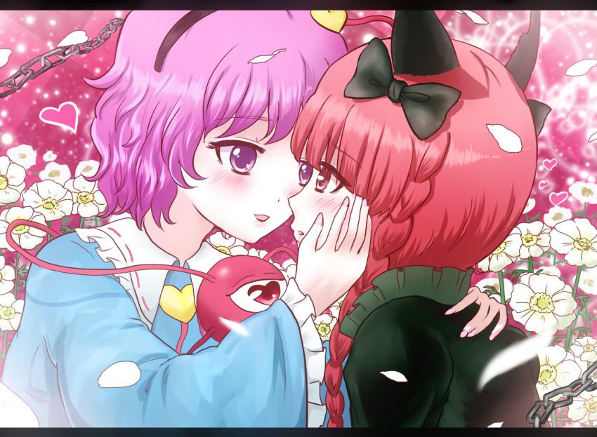 2girls, :d, animal_ears, cat_ears, flower, frilled_sleeves, frills, hand_on_another's_cheek