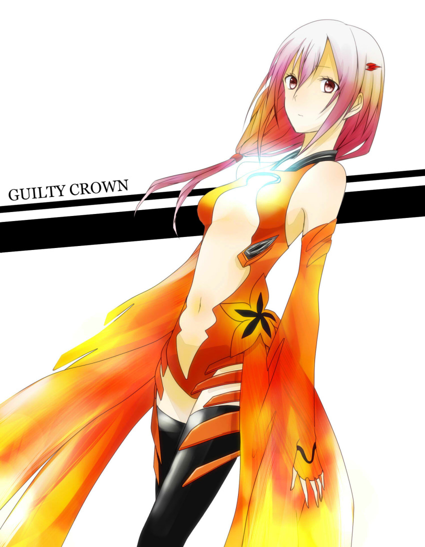 1girl, bare_shoulders, black_legwear, breasts, center_opening, cleavage, detached_sleeves, fingerless_gloves