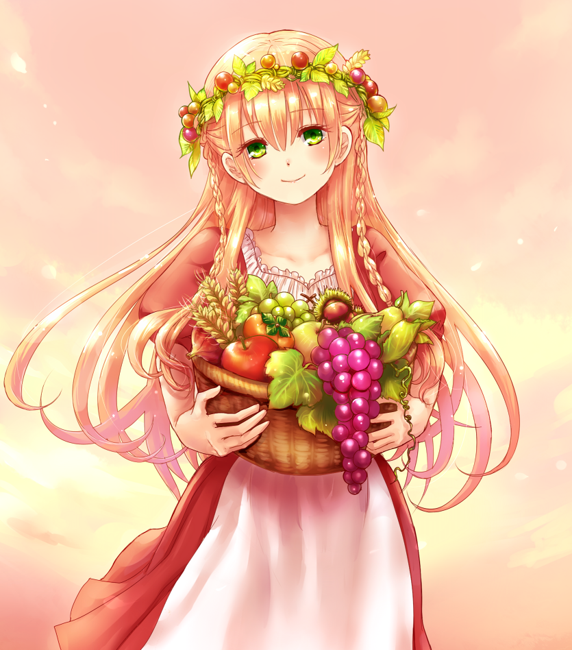 1girl, apple, apron, basket, braid, carrying, dress, food