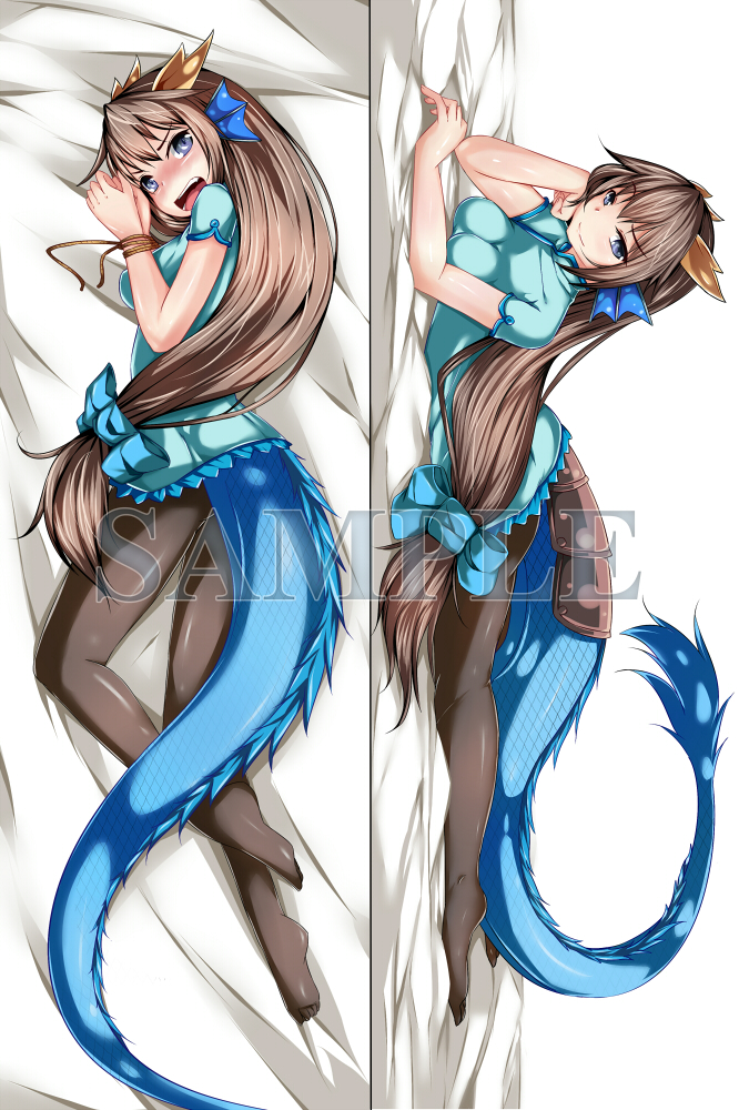 1girl, armor, black_hair, black_legwear, blue_dress, blue_eyes, blush, breasts, china_dress, chinese_clothes, dakimakura, denis053, dragon_girl, dragon_horns, dragon_tail, dress, head_fins, horns, impossible_clothes, impossible_dress, karin_(p&amp;d), long_hair, looking_at_viewer, low-tied_long_hair, lying, multiple_views, on_side, on_stomach, open_mouth, pantyhose, puzzle_&amp;_dragons, rope, sample, scales, short_sleeves, solo, tail, tied_up, very_long_hair