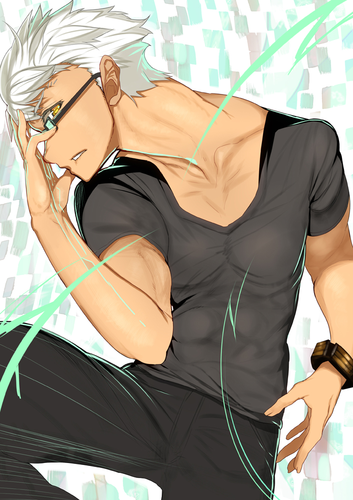 1boy, archer, char, dark_skin, fate/extra, fate_(series), glasses, looking_at_viewer