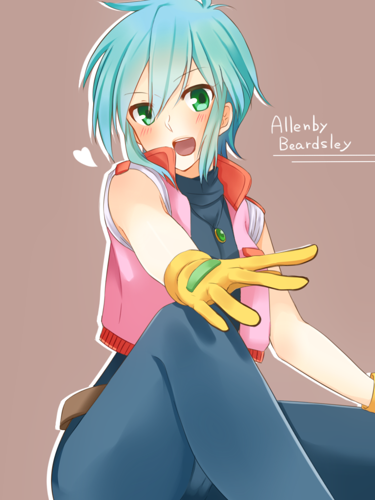 1girl, :d, allenby_beardsley, belt, blue_hair, blush, bodysuit, character_name