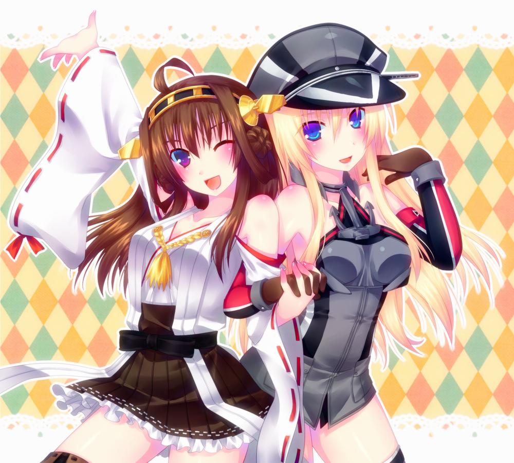 2girls, ahoge, arm_up, bare_shoulders, bismarck_(kantai_collection), blonde_hair, blue_eyes, blush, body_blush, boots, bottomless, brown_hair, brown_skirt, collarbone, detached_sleeves, door_to_heaven, frilled_skirt, frills, hairband, hat, holding_hands, interlocked_fingers, iron_cross, kantai_collection, kongou_(kantai_collection), long_hair, long_sleeves, military, military_uniform, multicolored_eyes, multiple_girls, nontraditional_miko, one_eye_closed, outline, peaked_cap, skirt, thigh-highs, thigh_boots, uniform, violet_eyes