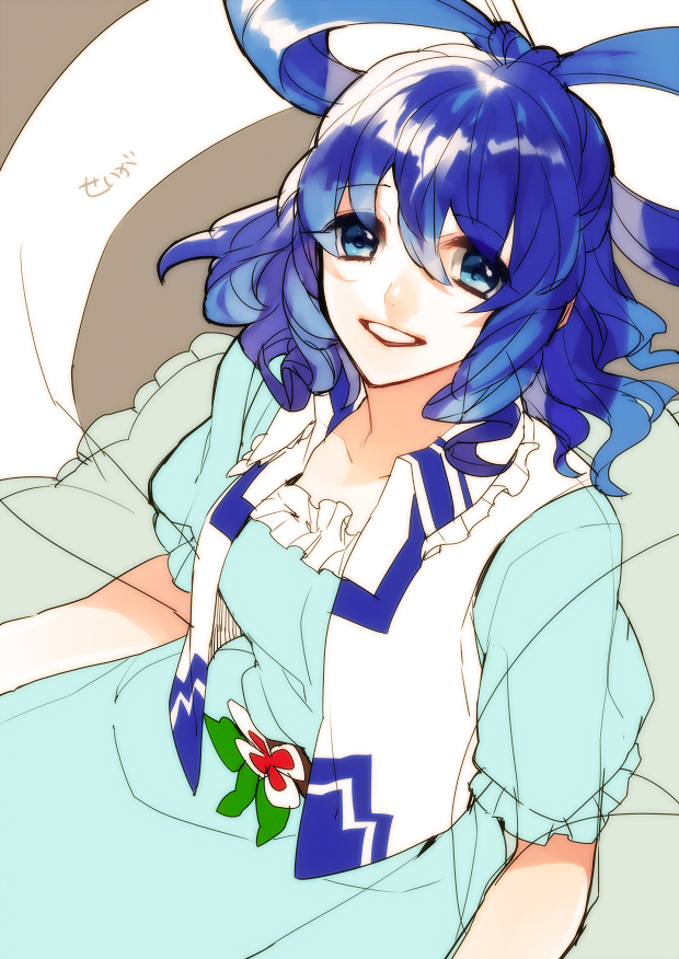 1girl, aguruma_(yukisita03), blue_eyes, blue_hair, dress, flower, hair_ornament, hair_rings