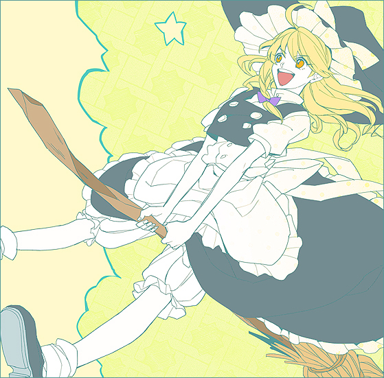 1girl, aguruma_(yukisita03), blonde_hair, bow, braid, broom, broom_riding, hair_bow