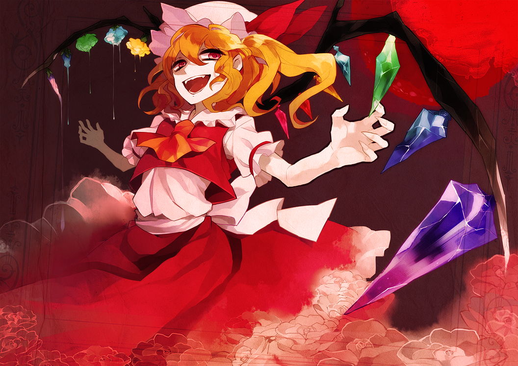 1girl, aguruma_(yukisita03), ascot, bat_wings, blonde_hair, flandre_scarlet, flower, full_moon