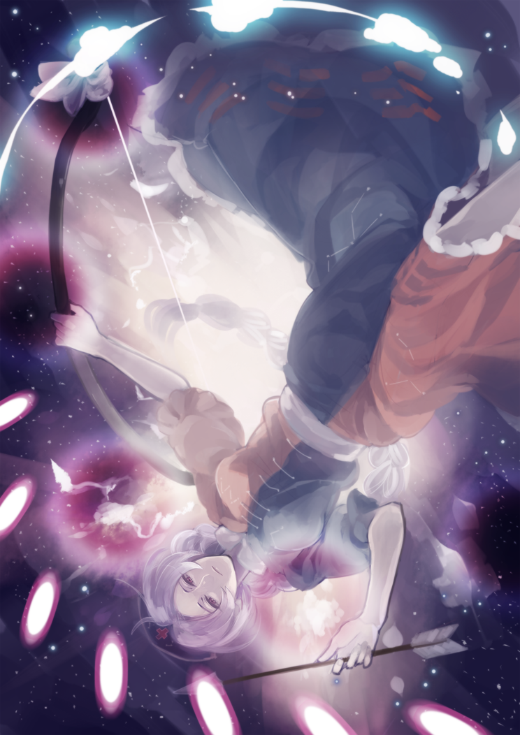 1girl, aguruma_(yukisita03), arrow, bow_(weapon), braid, danmaku, dress, hat, long_hair, red_eyes, silver_hair, solo, space, star_(sky), touhou, upside-down, weapon, yagokoro_eirin
