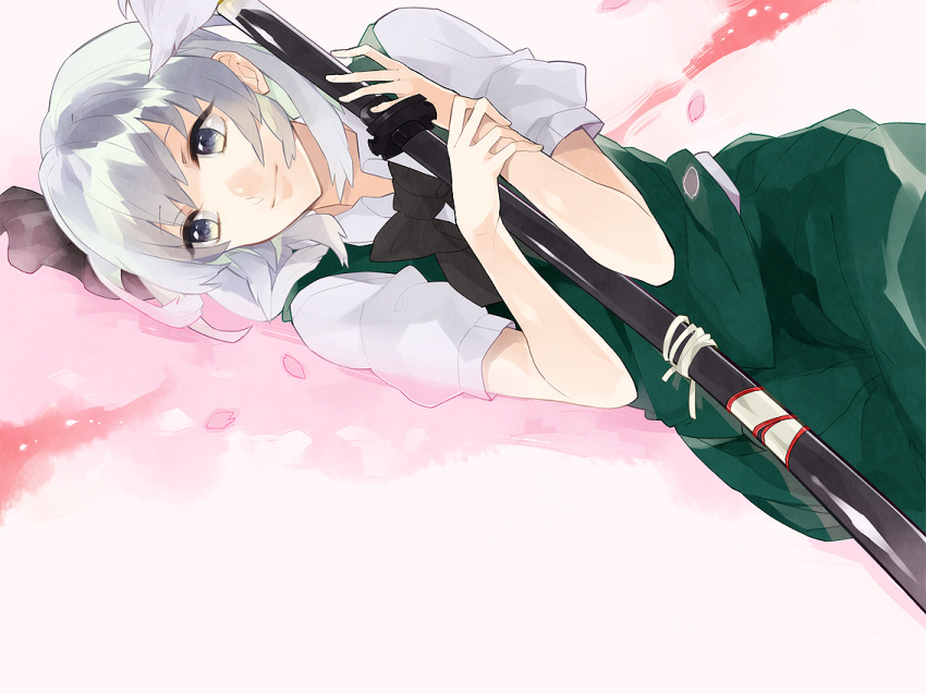 1girl, aguruma_(yukisita03), blue_eyes, cherry_blossoms, hairband, katana, konpaku_youmu, lying, petals, ribbon, short_hair, silver_hair, smile, solo, sword, touhou, weapon