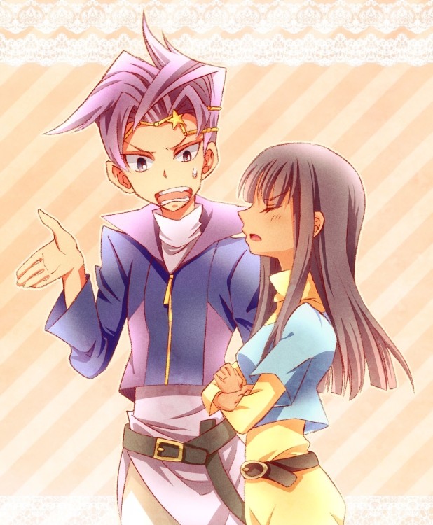 1boy, 1girl, belt, black_hair, circlet, closed_eyes, crossed_arms, dark_skin, kotsu_masumi, long_hair, purple_hair, refla, shijima_hokuto, sweatdrop, yuu-gi-ou, yuu-gi-ou_arc-v, zipper