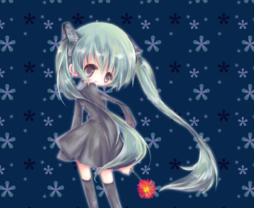 flower, green_eyes, green_hair, hatsune_miku, keimari, long_hair, thigh-highs, thighhighs