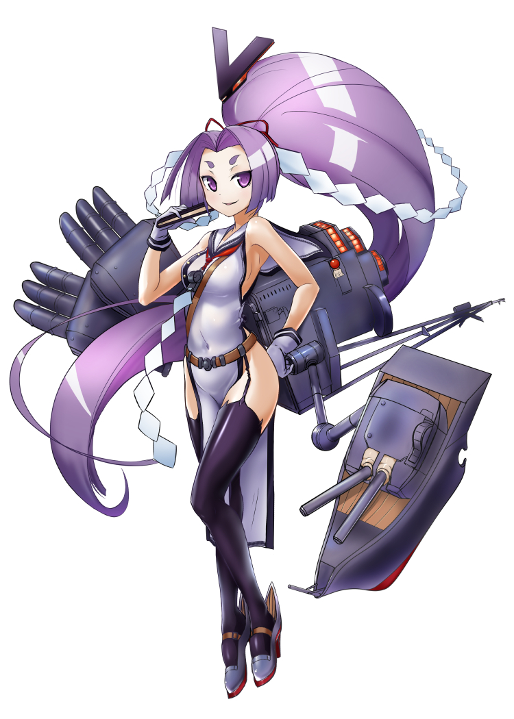 1girl, aegis_(nerocc), bare_shoulders, belt, black_legwear, breasts, character_name, covered_navel, destroyer, dress, fan, folding_fan, gloves, hand_on_hip, hatsuharu_(destroyer), hatsuharu_(kantai_collection), high_heels, hikimayu, kantai_collection, long_hair, long_ponytail, looking_at_viewer, machinery, neckerchief, ocean, ponytail, purple_hair, sailor_collar, sailor_dress, shide, side_slit, sideboob, smile, solo, thigh-highs, very_long_hair, violet_eyes, warship, whistle, white_dress, white_gloves