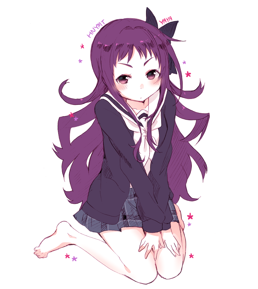 1girl, barefoot, blush, cardigan, hanayamata, legs, long_hair, looking_at_viewer