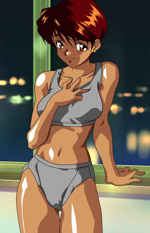 1girl, arm_rest, brown_hair, cowboy_shot, dark_skin, earrings, hand_on_own_chest, indoors