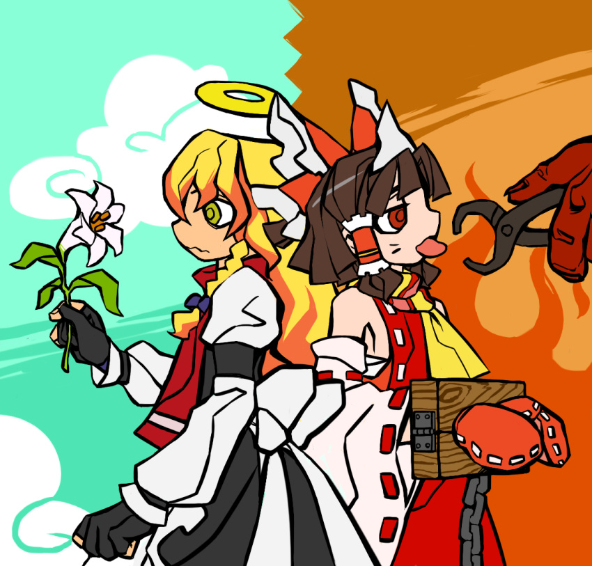 blonde_hair, braid, brown_hair, chain, detached_sleeves, flower, hair_tubes, hakurei_reimu