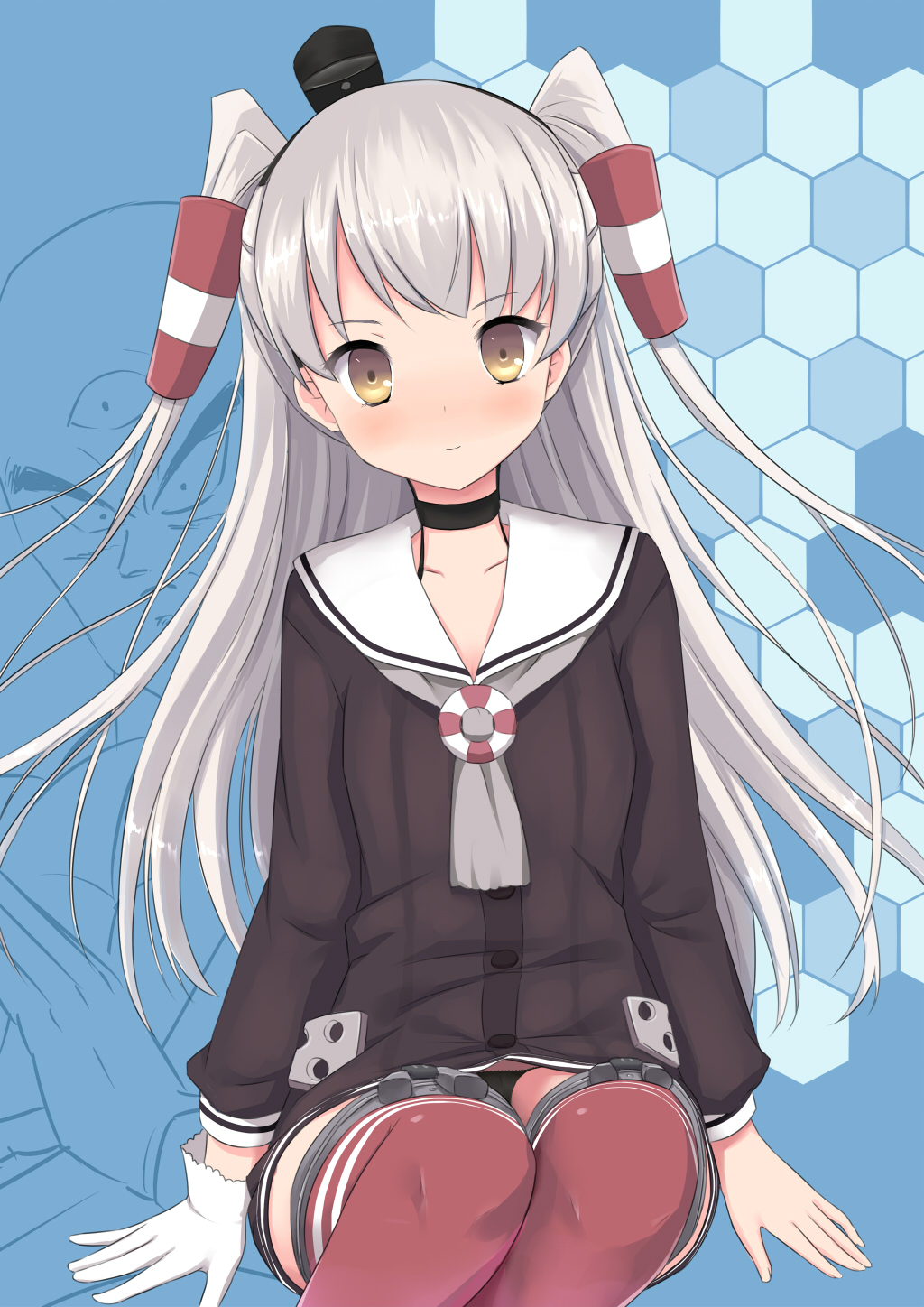 1boy, 1girl, amatsukaze_(kantai_collection), arm_support, black_panties, blue_background, blush, brown_eyes, choker, dragon_ball, gloves, hair_tubes, hat, highres, honeycomb_background, kantai_collection, knees_touching, light_smile, long_hair, long_sleeves, looking_at_viewer, neckerchief, panties, pantyshot, pantyshot_(sitting), red_legwear, sailor_dress, sailor_hat, silver_hair, single_glove, sitting, striped, striped_legwear, tanuxu, tenshinhan, thigh-highs, twintails, two_side_up, underwear, white_gloves, windsock