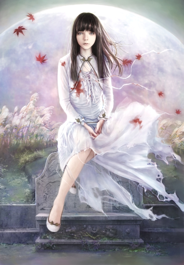 blood, dress, eat, grey_eyes, lips, long_hair, original, realistic