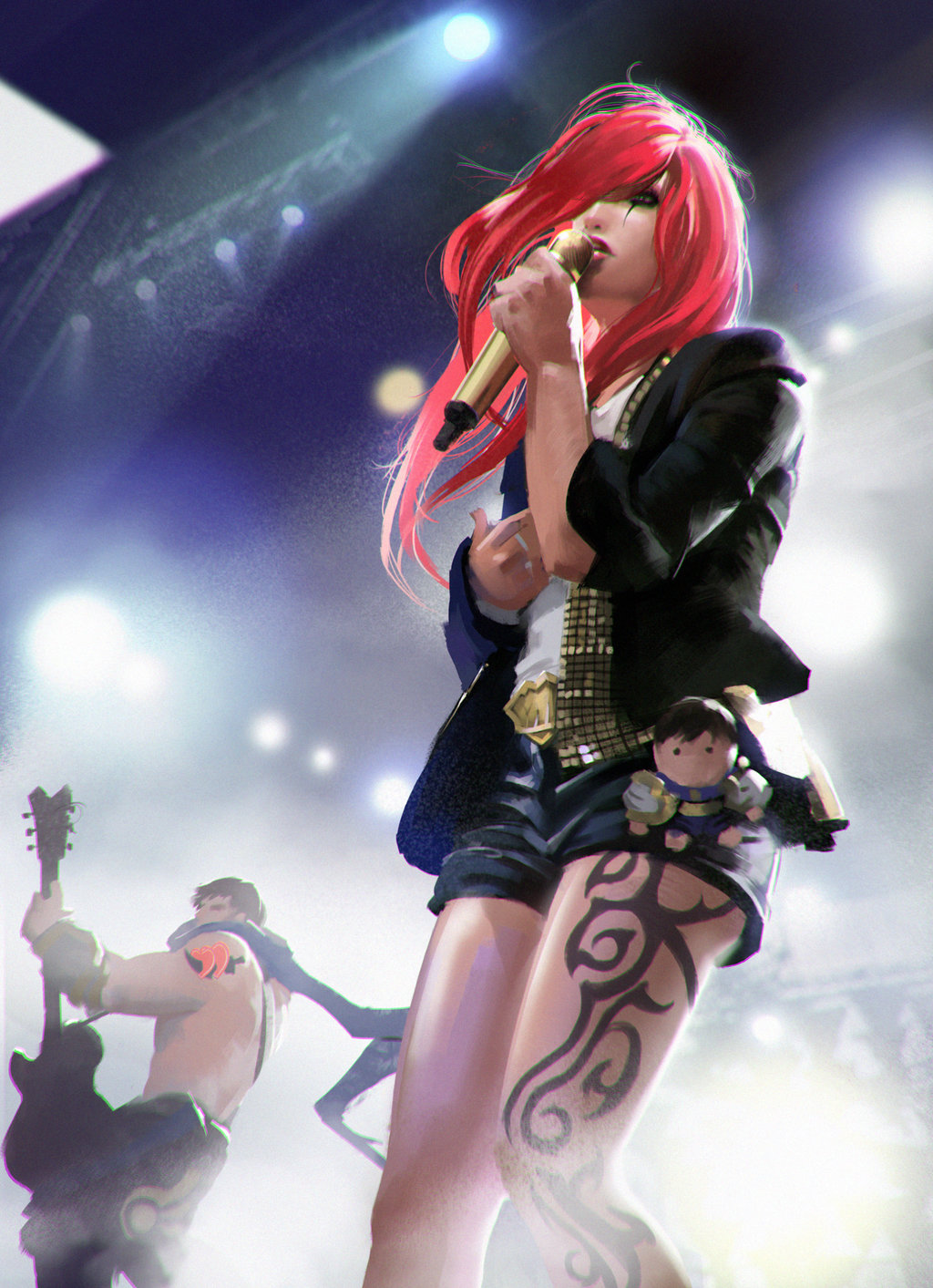1girl, alternate_costume, belt, doll, garen_crownguard, green_eyes, guitar, highres