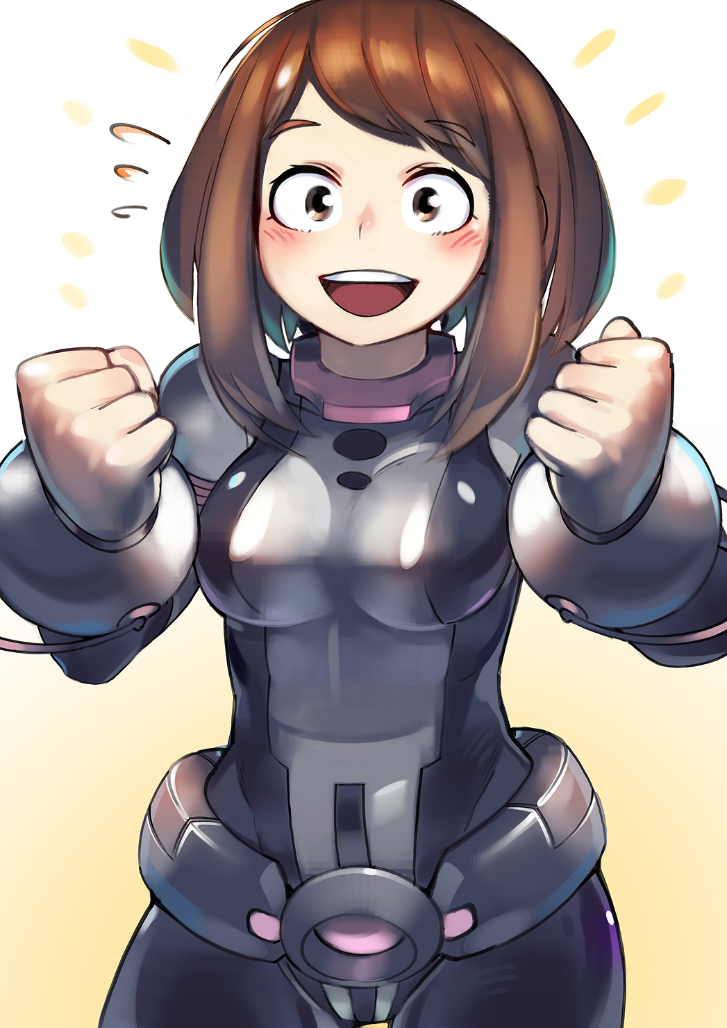 1girl, blush, bodysuit, boku_no_hero_academia, brown_eyes, brown_hair, donarudo, highres