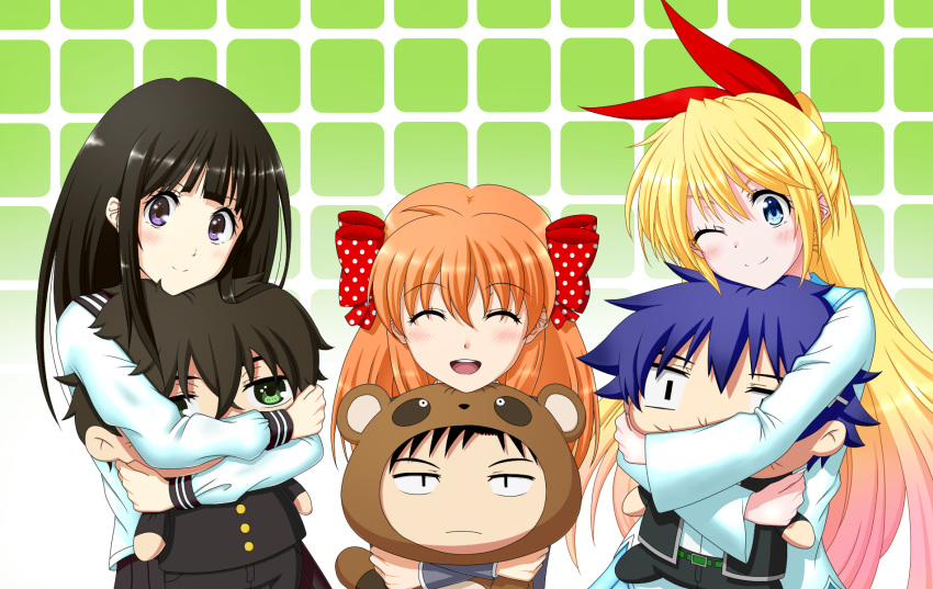 3girls, animal_costume, black_hair, blonde_hair, blue_eyes, bow, character_doll, chitanda_eru