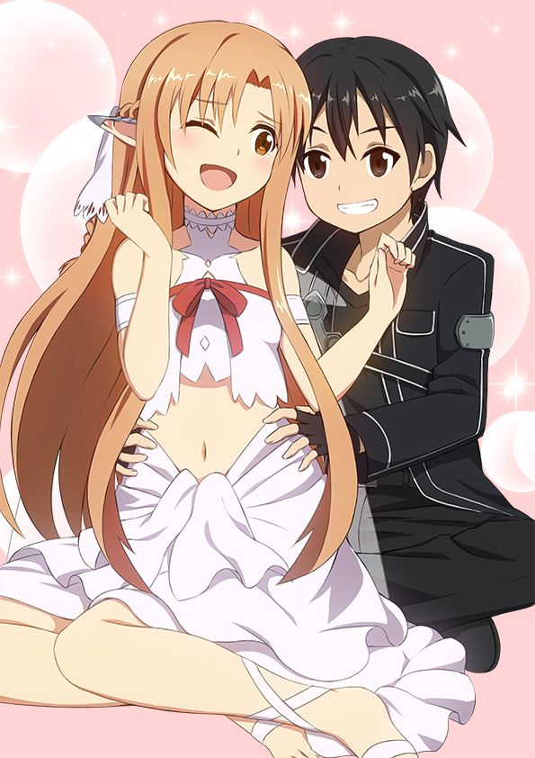 1boy, 1girl, asuna_(sao), black_eyes, black_hair, brown_eyes, brown_hair, couple