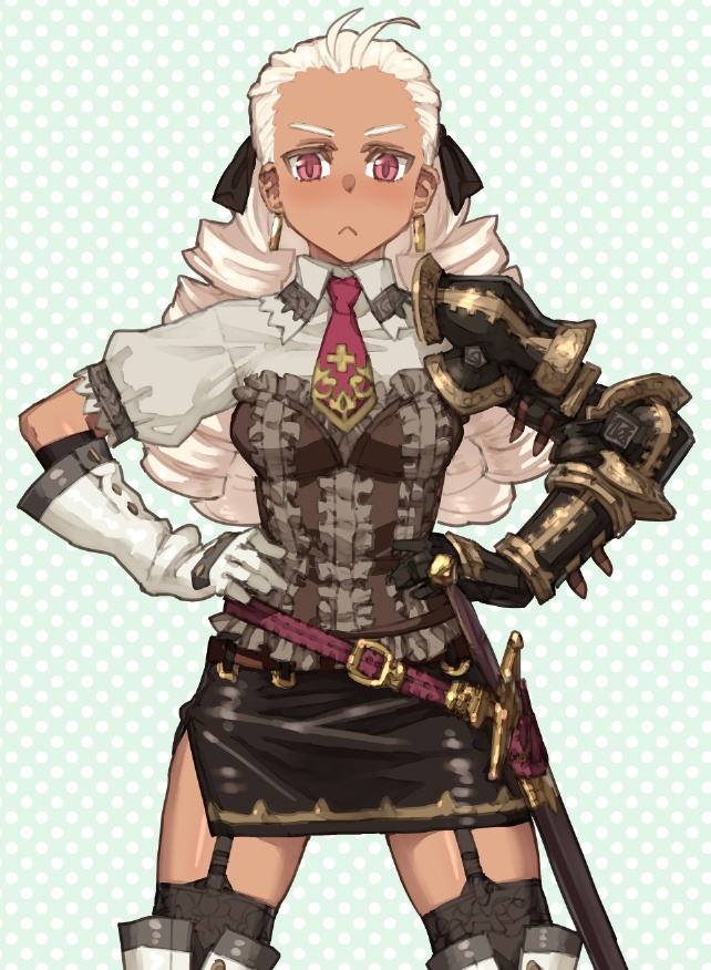 1girl, :<, armor, blush, dark_skin, drill_hair, earrings, garter_straps