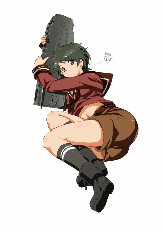 1girl, ass, black_hair, boots, fujisawa_takashi, grey_eyes, kantai_collection, looking_at_viewer