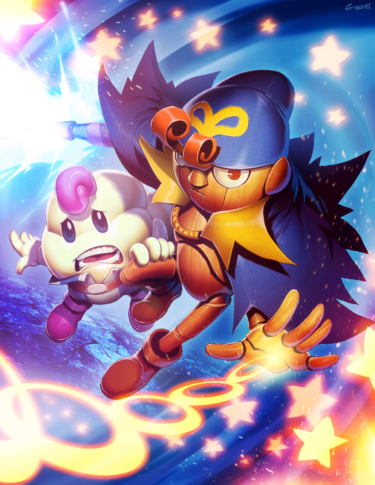 belt, blue_eyes, brown_hair, cape, doll_joints, geno, genzoman, hat