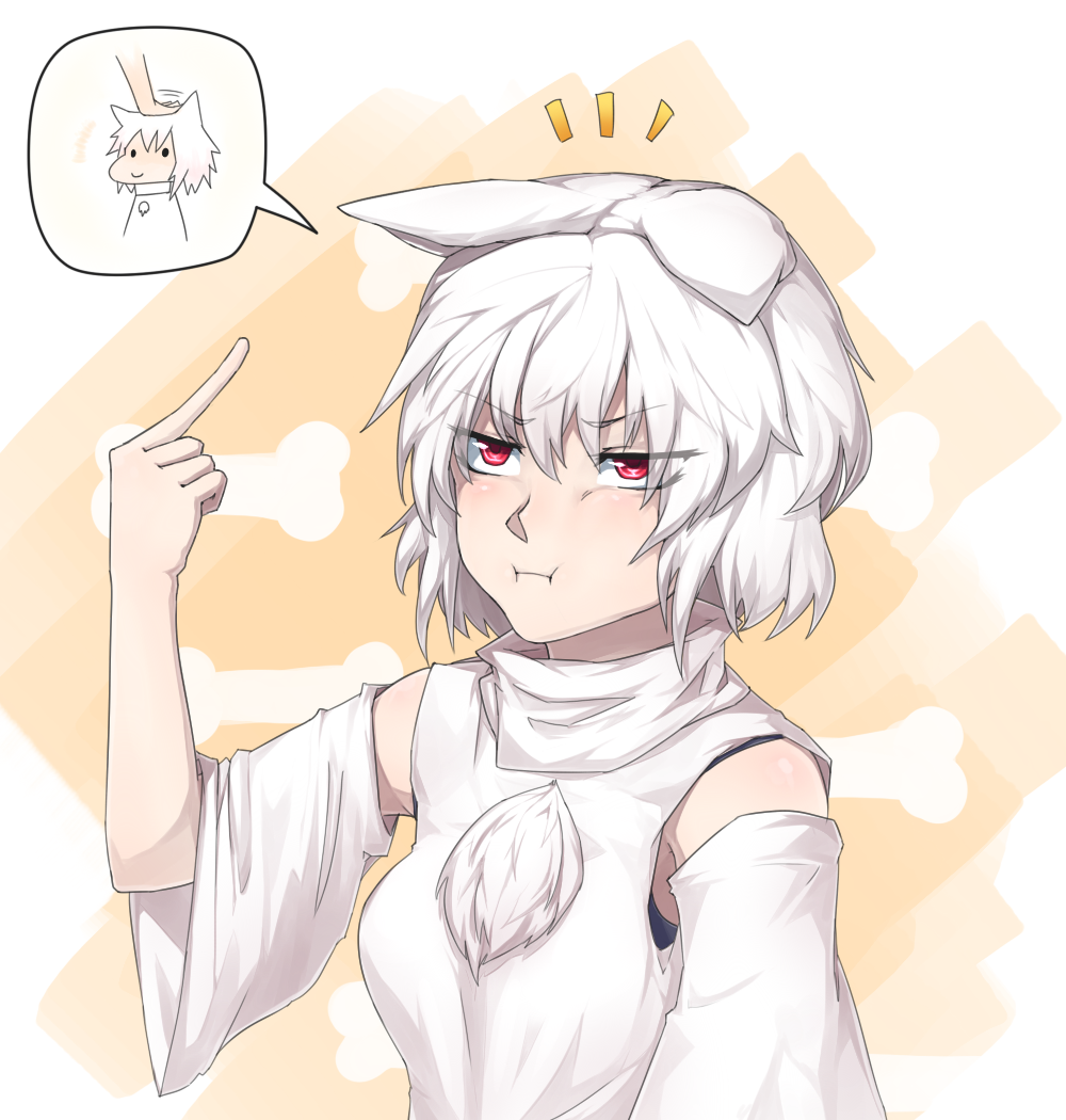 /\/\/\, 1girl, :t, animal_ears, bare_shoulders, breasts, detached_sleeves, inubashiri_momiji