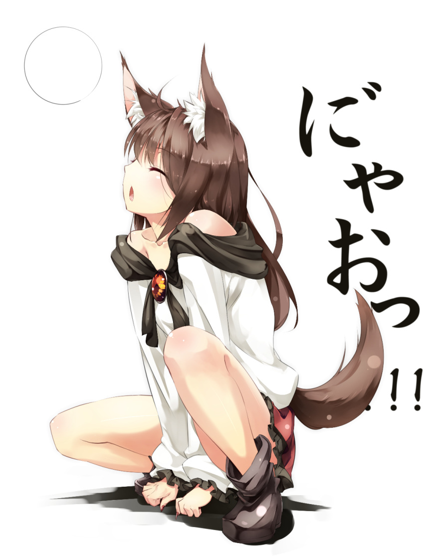 1girl, animal_ears, bare_shoulders, brooch, brown_hair, chestnut_mouth, closed_eyes, collarbone