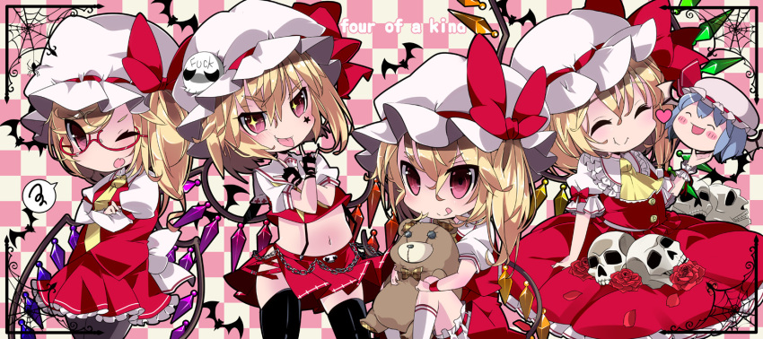 2girls, :d, alternate_costume, asymmetrical_hair, asymmetrical_wings, bespectacled, blonde_hair, chibi