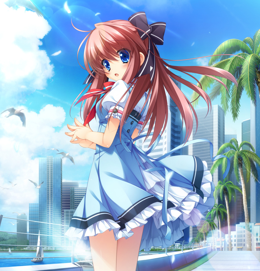 1girl, :o, bird, blue_dress, blue_eyes, boat, bow, brown_hair, building, city, cityscape, clouds, dress, feathers, fingers_together, frilled_dress, frilled_sleeves, frills, fujina_kanori, game_cg, gotou_nao, hair_bow, highres, lake, long_hair, looking_at_viewer, minami_juujisei_renka, official_art, outdoors, palm_tree, puffy_short_sleeves, puffy_sleeves, ribbon, school_uniform, short_dress, short_sleeves, sky, solo, sunlight, surprised, tree, water