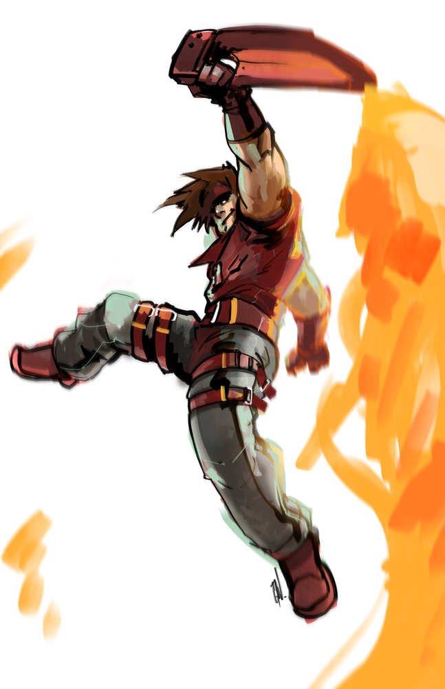 1boy, brown_hair, colin_tan, fingerless_gloves, fire, gloves, guilty_gear, muscle