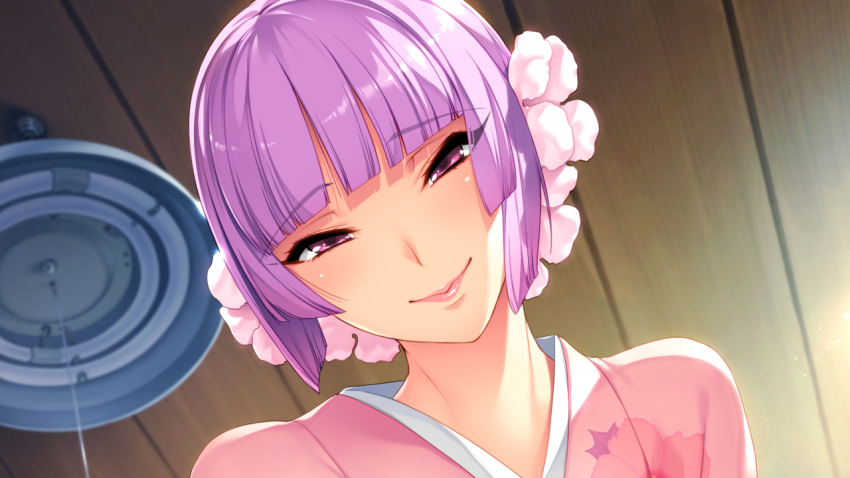 1girl, bangs, blunt_bangs, ceiling, flower, fuyou_(nanairo_reincarnation), game_cg, hair_flower
