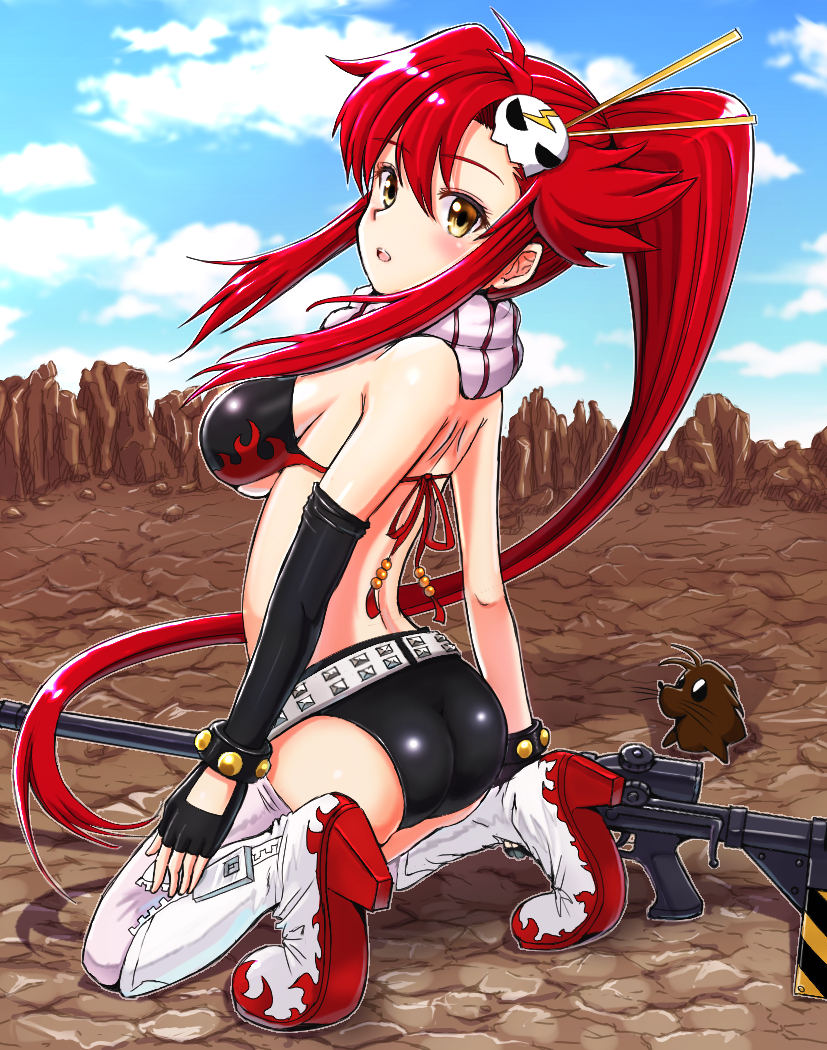 1girl, bikini_top, blush, boota, boots, breasts, fingerless_gloves, gloves