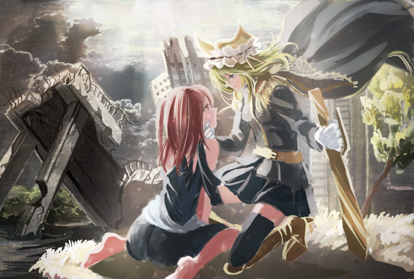 2girls, barefoot, black_legwear, boots, brown_boots, building, cape, clouds