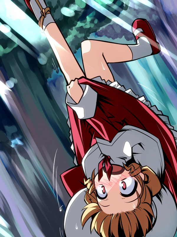 1girl, blonde_hair, blush, covering, covering_crotch, dress, elly, forest, hanging, hat, hemogurobin_a1c, long_sleeves, nature, open_mouth, pink_eyes, red_dress, shocked_eyes, solo, touhou, touhou_(pc-98), upside-down