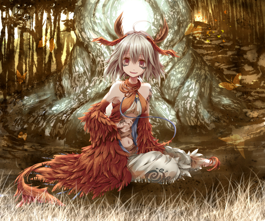 1girl, butterfly, duel_monster, highres, horns, invisible, jewelry, leaf, midriff, open_mouth, pendant, red_eyes, silver_hair, sitting, spider, tail, traptrix_myrmeleo, yue_(pixiv2547), yuu-gi-ou