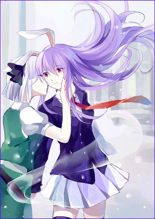 2girls, animal_ears, cheek_kiss, formal, hand_on_another's_cheek, hand_on_another's_face, kiss, konpaku_youmu
