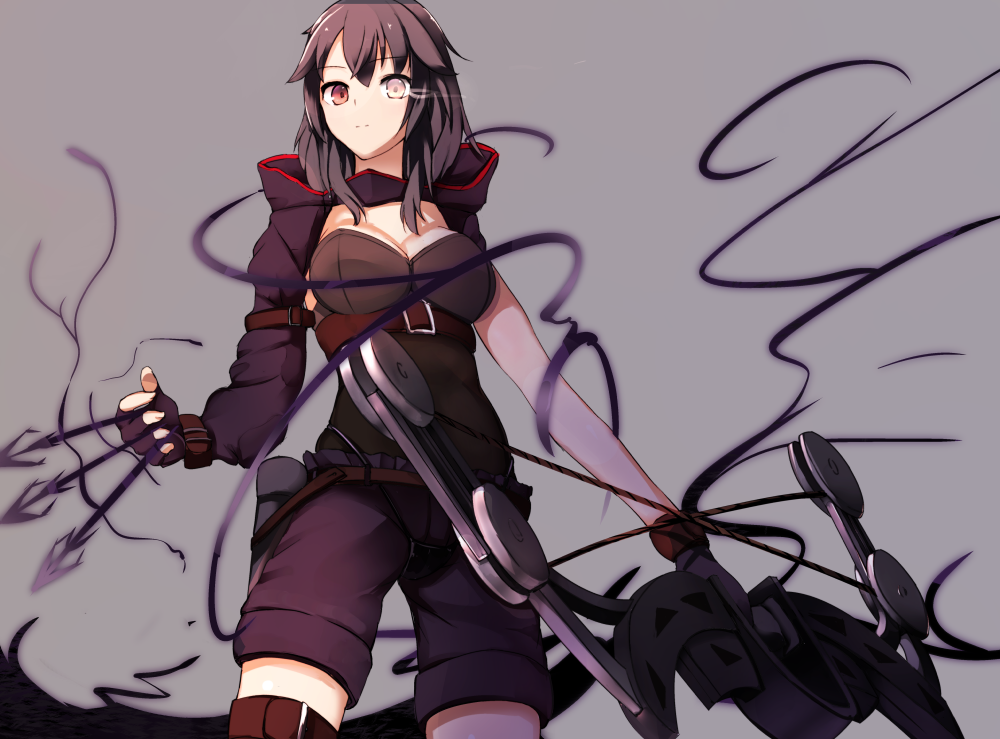 arrow, asymmetrical_clothes, battery_aida_ni_misu_ga_deta, belt, black_hair, bow_(weapon), breasts, cleavage