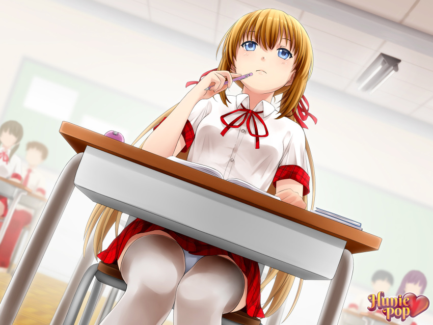 1girl, blonde_hair, blue_eyes, classroom, dutch_angle, hair_ribbon, highres, hunie_pop